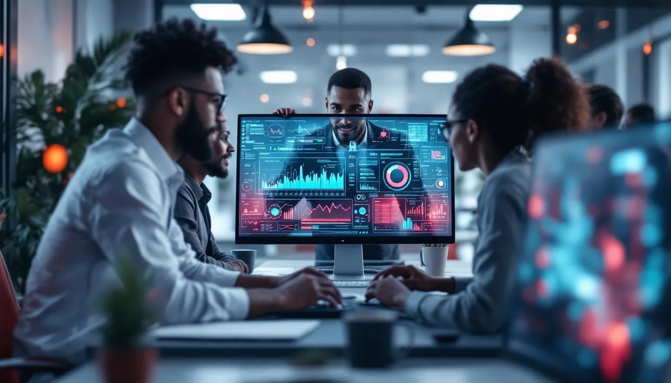 A photograph of a diverse group of professionals collaborating around a computer screen filled with cybersecurity graphics and data