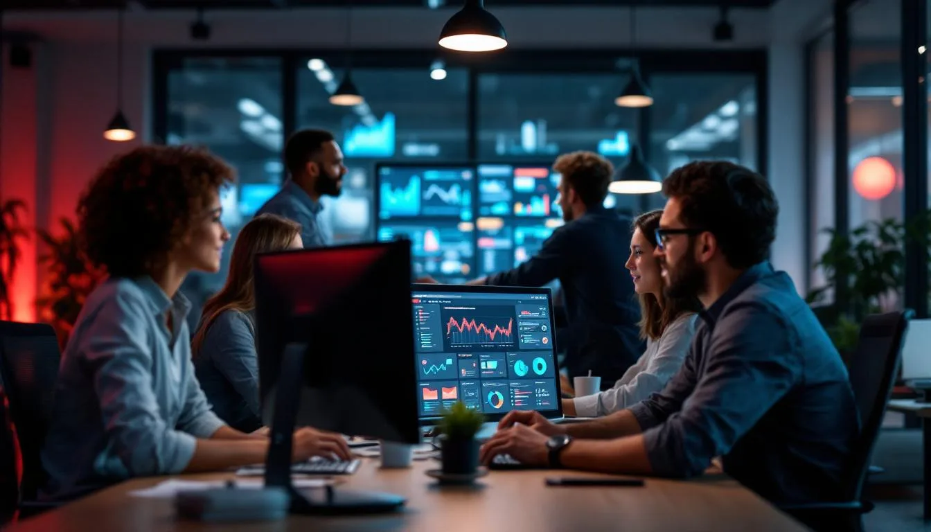 A photograph of a diverse team of it professionals collaborating in a modern office environment