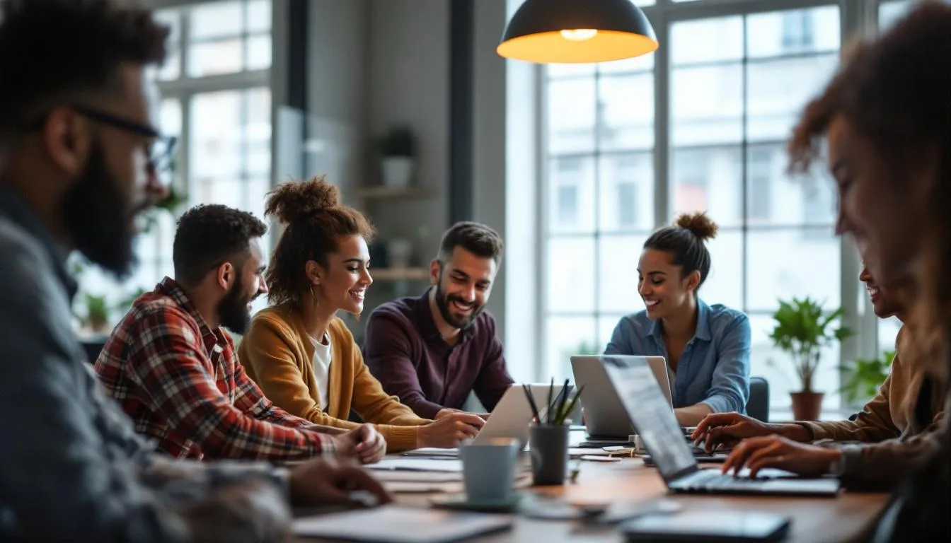 A photograph of a diverse group of small business owners collaborating around a modern workspace