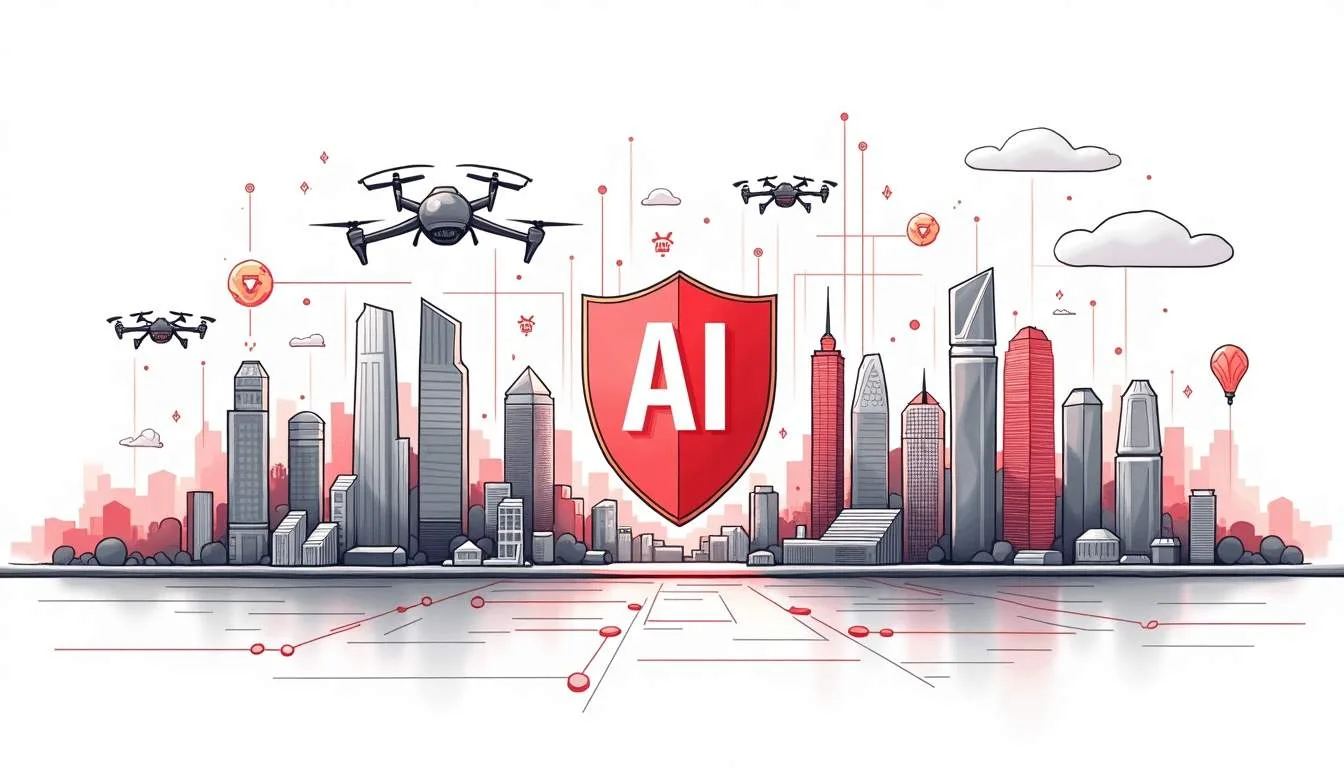 A futuristic cityscape where advanced ai cyber attacks are visibly integrated into everyday life