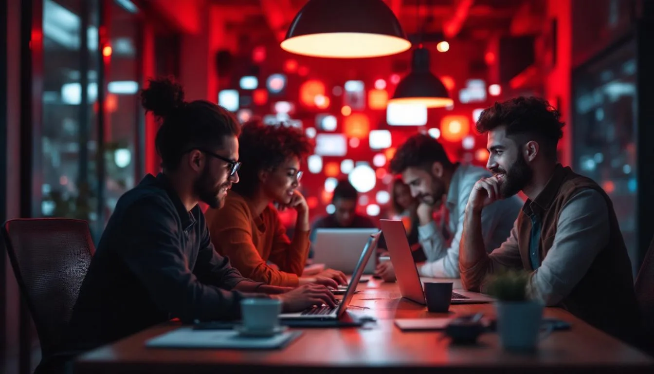 A photograph of a small business owner or team engaged in a dynamic brainstorming session