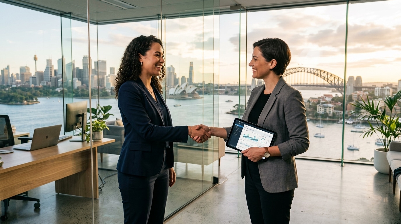 Business owner and IT consultant shaking hands in a Sydney office with harbour views