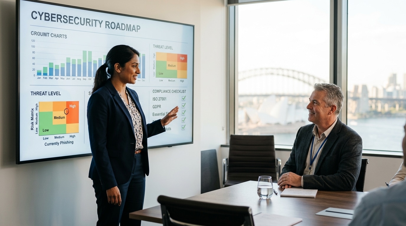 Cybersecurity strategy meeting in a Sydney business office